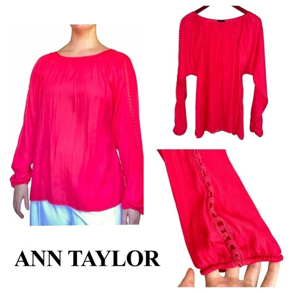 Ann Taylor satin blouse crochet latter long sleeve coral red silky large - Picture 1 of 9